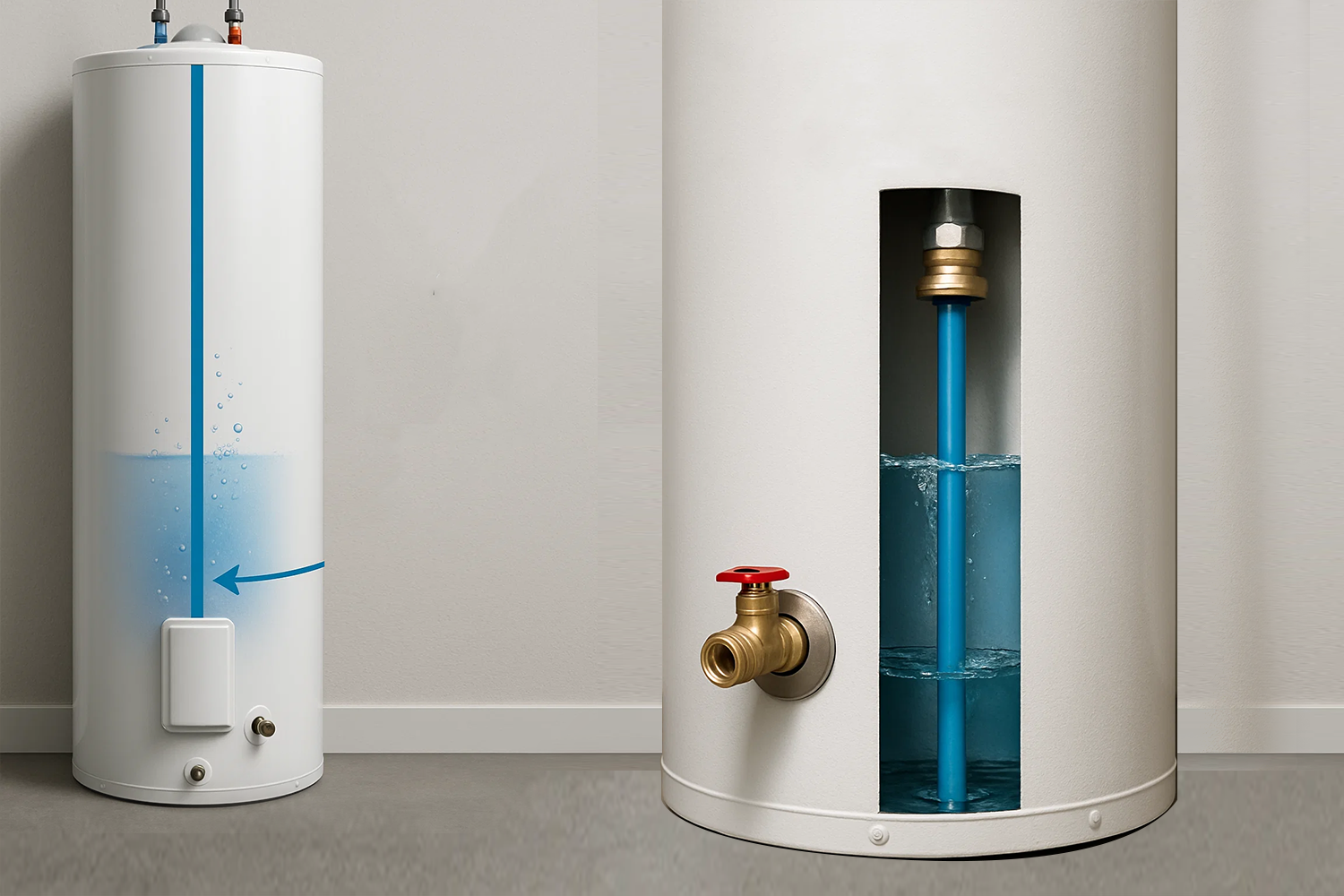 Cold water enters the bottom of the Water heater unit